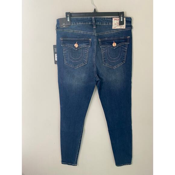 New True Religion Halle High Rise Super Skinny Dark Denim Flap Jeans Size 31 - Picture 1 of 3